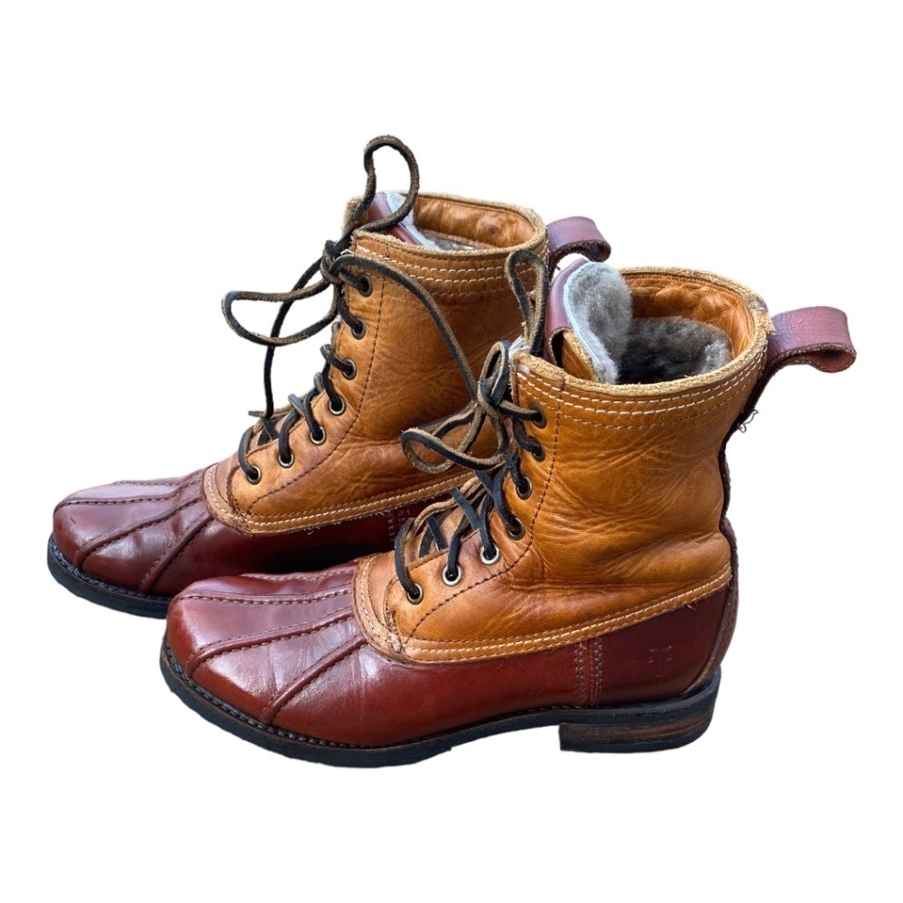 Frye Two-Tone Brown/Tan Leather Lace-Up Winter Boots - Picture 6 of 10